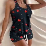 Women Camisole Sleep Wear Women Pajamas Heart Print Nightgown Ruffled Flounce Drawstring Shorts Lingerie Home