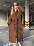 Women Fashion Long Lace-up Padded Jacket 2022 New Winter Thick Warm Outerwear Elegant Solid Cotton Lined Lady Jackets
