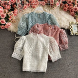 Mujer De Moda 2023 Vintage Puff Sleeve Blouses Hollow Out Crochet Floral Crop Tops Korean Summer Elegant Lace