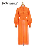 Casual Patchwork Perspective Dress For Women Lapel Lantern Long Sleeve High Waist Elegant Dresses Female