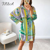2021 Autumn V Neck Shirt Dress Women Long Sleeve Print Blue Loose Beach Sexy Green Party Casual