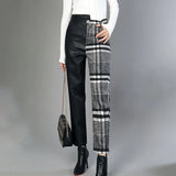 PU Trousers For Women High Waist Hit Colors Asymmetrical Patchwork Ankle Length Wool Pants Female 2022 Spring