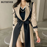 Elegant Notched Collar Ladies Patchwork Windbreaker Full Sleeve Buttons Belted Women Long Trench Coats 2021