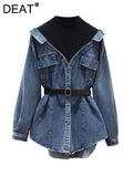 Women's Denim Coat Lapel Patchwork Pocket Single Breasted Belt Fake Two Piece Shirt Jackets 2024 Summer New Fashion 29L157-Outfit
