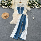 Dress A Complete Set Of Women's Casual Retro Lap-Fleeled Fake Two Short-Sleeved Tops High-Waisted Spliced Denim Broad-Legged