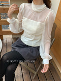 Xixi 2025 Autumn White Standard Elegant Temperament Pure Chiffon High-Collar Thin Velvet Shirt