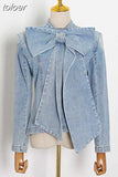 Denim Women's Jackets Stand Collar Long Sleeve Patchwork Bow Vintage Ruched Coats For Female 2023 Spring