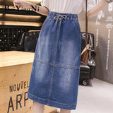 Vintage Denim Skirt Drawstring High Elastic Waist Pockets Streetwear Midi Jeans Skirts Women Oversized Split