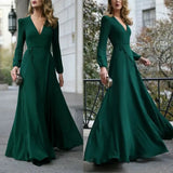 Women Sexy Formal Maxi Dress V Neck Long Sleeve Solid color Bandage Office Ladies Evening Party Prom Gown-Outfit