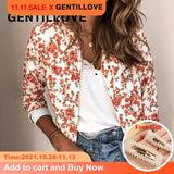 Casual Floral Printed Bomber Jacket Autumn Elegant Zipper Coat Office Wear Slim Office Jackets Vintage Outwear