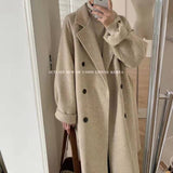 Women Mid Length Wool Coats Splice Korean Jackets Turn Down Collar Full Sleeve Double Breasted Thick Autumn Winter-Outfit