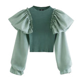 Women Fashion Ruffle Patchwork Cropped Knitted Sweater Vintage Long Sleeve Stretch Slim Female Pullovers Chic