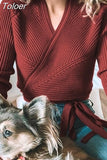 Winter Knitted Sweater Women V-neck Slim Pullovers Sweater Ladies Wrap Sweaters Female Casual Sweater