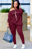 Print Slash Shoulder Shirt and Pants Casual 2 Piece