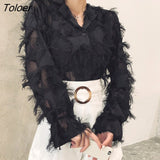 Spring Summer Solid Chiffon Blouse Women Long Sleeve Shirts Blouses Casual Tassel V Neck Button Shirt Tops Blusas