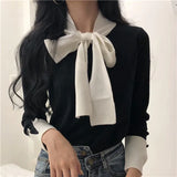 Korean Lacing Bow Sweet Women Pullovers Hit Color Basic Long Sleeve Female Sweaters Elegant Patchwork Sueter Mujer