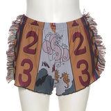 Sisterlinda Retro Print Casual Graphic Shorts Women Fashion Summer Side Tassel Patchwork Skinny Bicker Shorts Streetwear