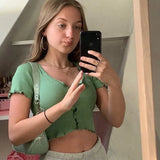 2022 Hot Sale Sexy Women Cardigan Summer T-Shirt Short Sleeve Ruffle T-Shirt Clubwear Buttons Bodycon Frilly Solid Color