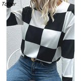 Winter Fashion Sweater Women Casual Long Sleeve Top Loose White Black Plaid Pullover Elegant Basic Thin Sweaters