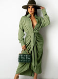 Elegant Button Open With Belt Long Sleeve Long