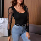 Toloer Women's Wear 2024 Summer New U Collar Mesh Sleeve Splicing Pure Color Versatile Show Thin Temperament T-Shirt Women's Top-Outfit