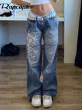 y2k Printed Blue Jeans Kawaii Baggy Straight Trousers Retro Streetwear Pockets Zipper Denim Joggers Women Hot Mom