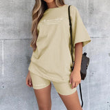 Letter Print Casual Women Suit Short Sleeve Oversized TShirt Elastic Slim Shorts Fashion Sreetwear Suit Two Pieces