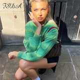 2021 Tie Dye Knitted Pullover Women O Neck Autumn Winter Green Y2K Casual Long Sleeve Oversized Sweater Jumper