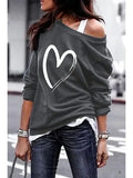Yskkt Women's Pullover Sweatshirt Heart Printed Long Sleeve One Shoulder Tops Autumn Winter Sweat Shirts Woman Casual