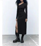 Collar Split Dresses Women Fashion Solid Ong Sleeve Long Dress 2022 Autumn Elegant Ladies Party Evening