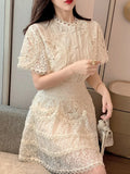TWOTWINSTYLE Lace Panel Two Piece Set Women Round Neck Short Sleeve Tops High Waist Mini Skirts Solid Sets Female Summer