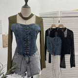 Hollow Hanging Neck Cowboy Splicing Mesh Strap With Irregular Long-Sleeved T-Shirt Short Top