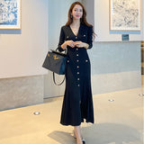 Korean Maxi Dresses for Women Party Long Sleeve V-neck Mermaid Dress Elegant Fashion Ladies Vestidos Femme Autumn