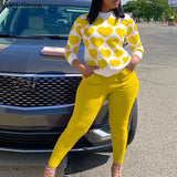 Women Two Piece Cute Sweet Suits Long Sleeve Heart Shirt Top & Pocket Pants
