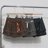Vintage College Wind Bow Lace 100-Fold Short Skirt High Waist Anti-Walking Pu Skin Skirt