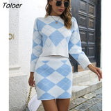 Sweater Two Piece Sets Womens Outfits Casual Plaid Crop Top High Waist Pink Mini Skirts Sets Autumn Winter Knitted