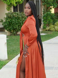 Elegant Orange Wrap Tied Long Sleeve Evening