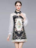 Summer Runway Designer Jacquard Mini Dress Women's Beaded Lapel Sequins Lace Patchwork Vintage Party Vestidos