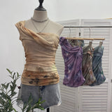 Yarn Printed Slanted Shoulder Sling Vest Retro Design Folding Temperament Short Blouse