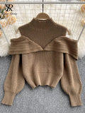 Fashion Off Shoulder Knit Pullover Stand Neck Korean Lantern Sleeve Design 2022 Autumn Retro Sweater Knitwear