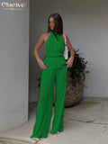 Sexy Backless Tank Top Set Woman 2 Piece Summer White Pleated Trouser Suits Female Elegant High Waist Wide Pants