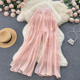 Solid Fashion Mesh Women Pants Summer 2022 Zipper Casual Elegant Vacation Long Wide Leg