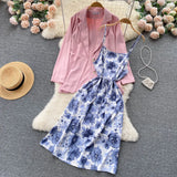 Autumn Women Floral Dress Suits Print Strap Dress+ Long Sleeves Loose Blazer Sets Office Lady Jackets Two Pieces