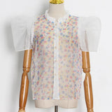 Casual Shirts For Women Slim Stand Collar Puff Short Sleeve Colorblock Blouses Female 2021 Summer Clothing