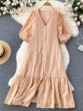Embroidary Solid Women Chic Dress V Neck Gentle Single Breasted Retro Vacation 2022 Ladies A Line Beach Long