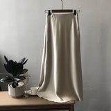 Women's High Waist Side Slit Hems Maxi Satin Skirt Elastic Waist Long