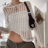 White Solid Hollow Out Knitted Blouses Women Fairycore Pullover Tops Long Sleeve Casual Sun Protection Beach Shirts