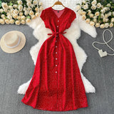 Red Dot V-Neck Women's Short-Sleeved Dress Summer Single Buckle Tie With Thin A-Word Mid-Long