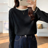 Long-Sleeved T-Shirt Women's New Design Is Full Of Impact Color Round-Neck Waffle Top And Bottom Shirt.-Outfit