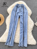 Women Zipper Design Jeans Summer Pockets Loose Wide Leg Pants Fashion Autumn Straight Blue Denim Long